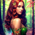 Young woman in green dress in a lush forest setting