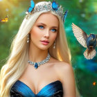 Serene forest scene with a woman in blue gown