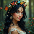 Young woman with butterflies and flowers in hair