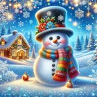 Cheerful snowman in a snowy winter landscape