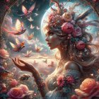 Serene Woman Surrounded by Roses and Butterflies