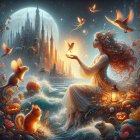 Serene Woman with Bird on Rocky Shore at Night