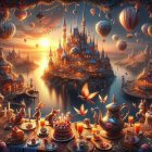 Majestic Castle on an Island at Sunset with Balloons