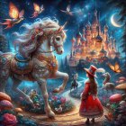 Magical Nighttime Scene with Unicorn and Castle