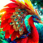 Colorful bird with red plumage and emerald feathers