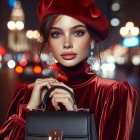 Glamorous Woman in Red Velvet Dress and Chic Accessories