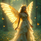 Ethereal Figure in Golden Gown in Mystical Forest