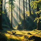Serene forest scene with golden light and wildlife
