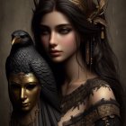 Portrait of a Woman with Gold Accessories and Raven