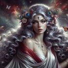 Mystical figure with silver hair and vibrant butterflies