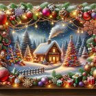 Cozy Winter Scene with Christmas Decorations and Cabin