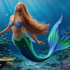 Underwater Scene with Mermaid and Coral Reef