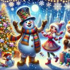 Festive Winter Scene with Snowman and Santa Claus