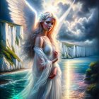Angelic Figure by Serene Water with Dramatic Cliffs