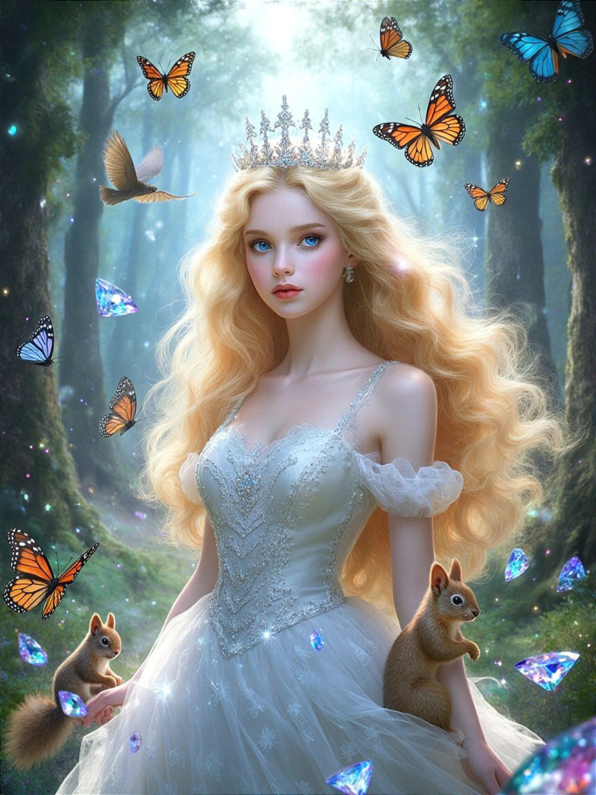 Fairy-tale princess in a serene forest setting