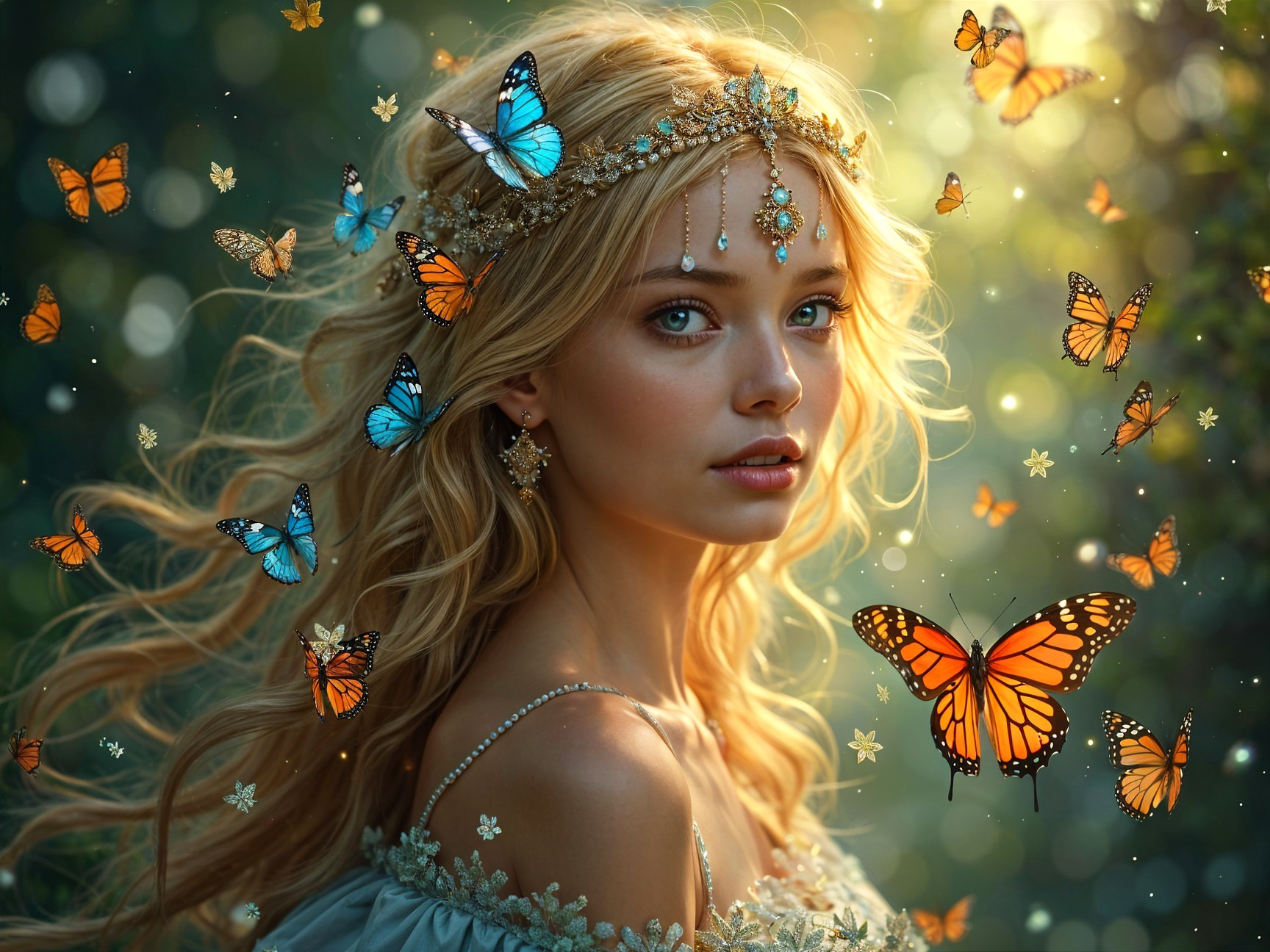 Young woman in blue gown with butterflies in lush setting
