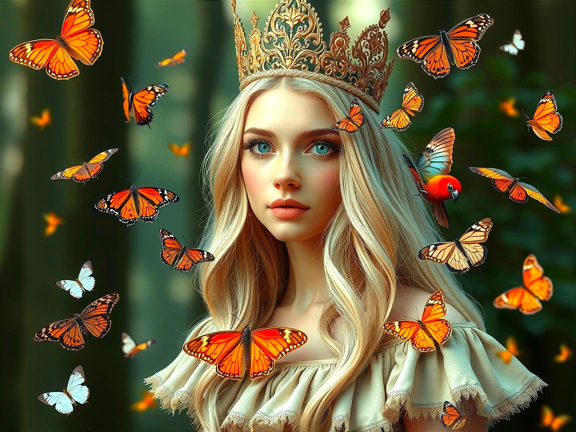 Young woman in dress with butterflies in forest setting