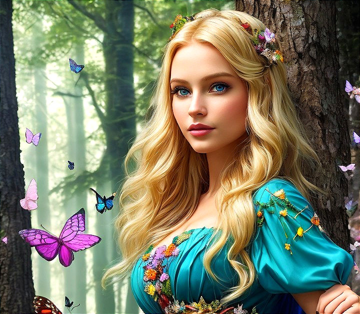 Young woman in turquoise dress in a vibrant forest