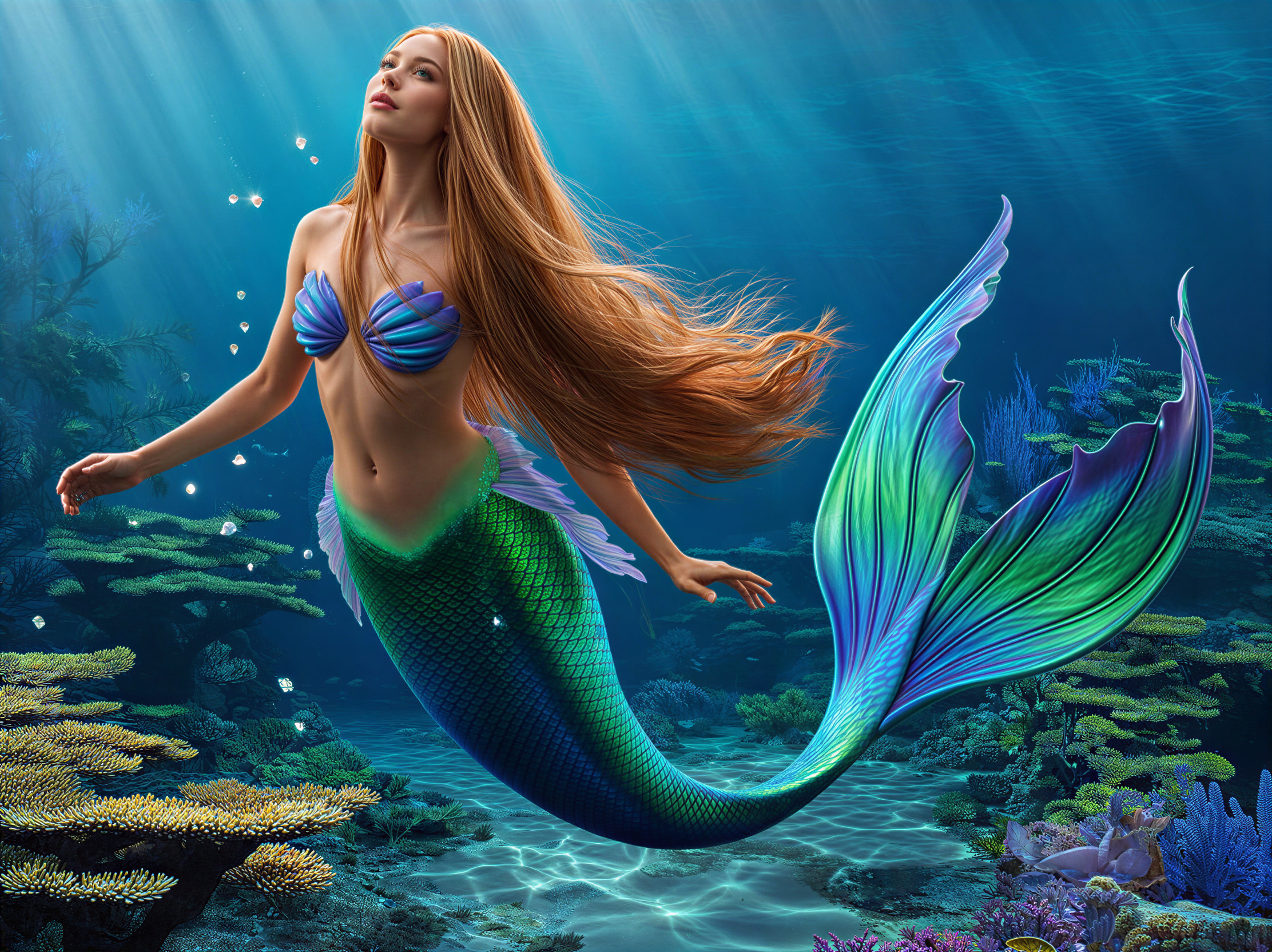 Underwater Scene with Mermaid and Coral Reef