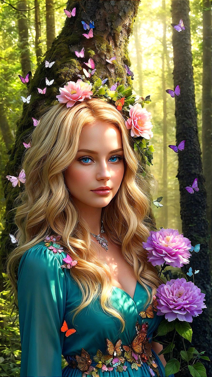 Young Woman in Turquoise Gown in Sunlit Forest