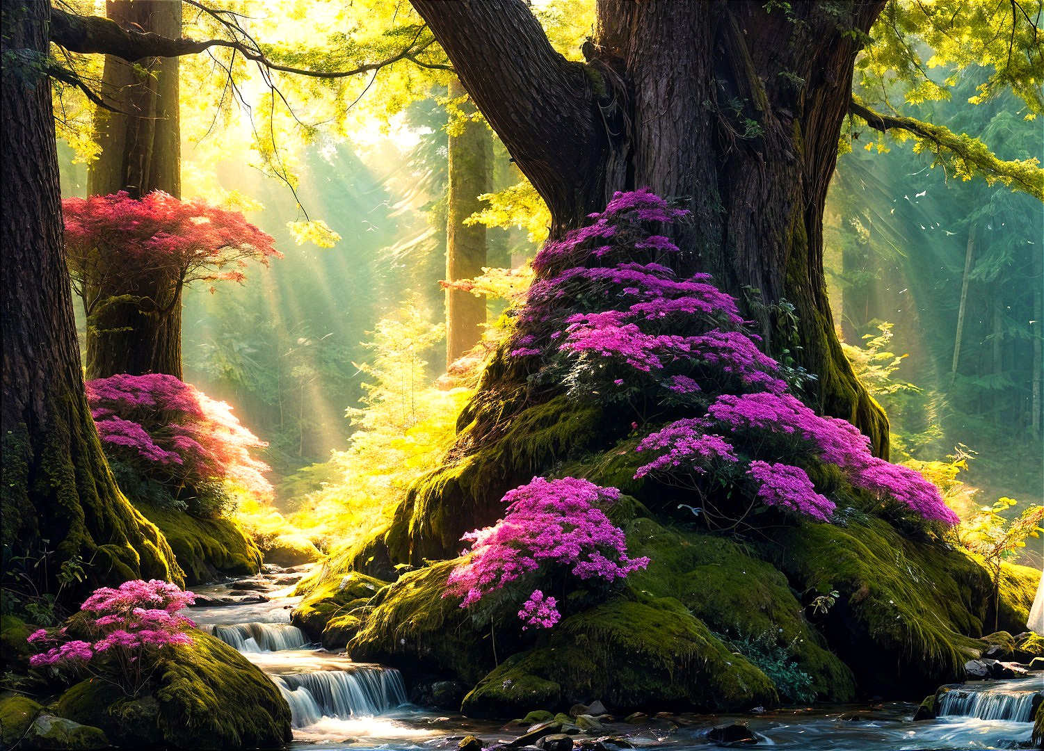 Serene forest scene with golden light and vibrant moss