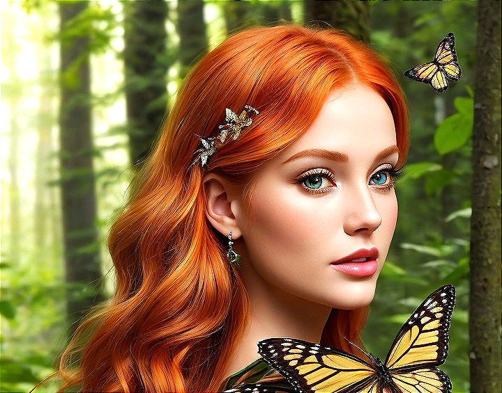 Young woman with red hair in a lush forest setting