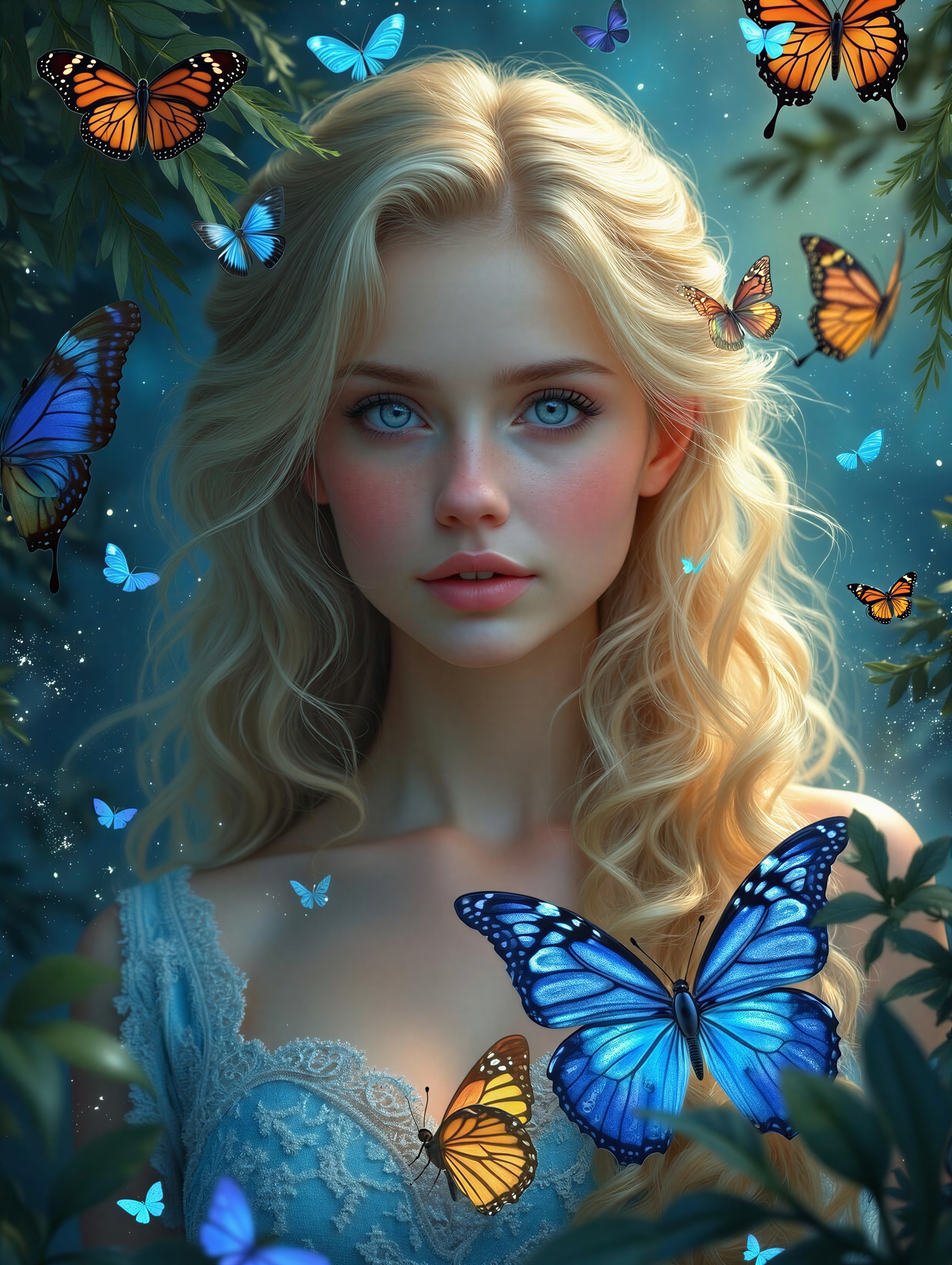 Young Woman Surrounded by Butterflies in Ethereal Scene