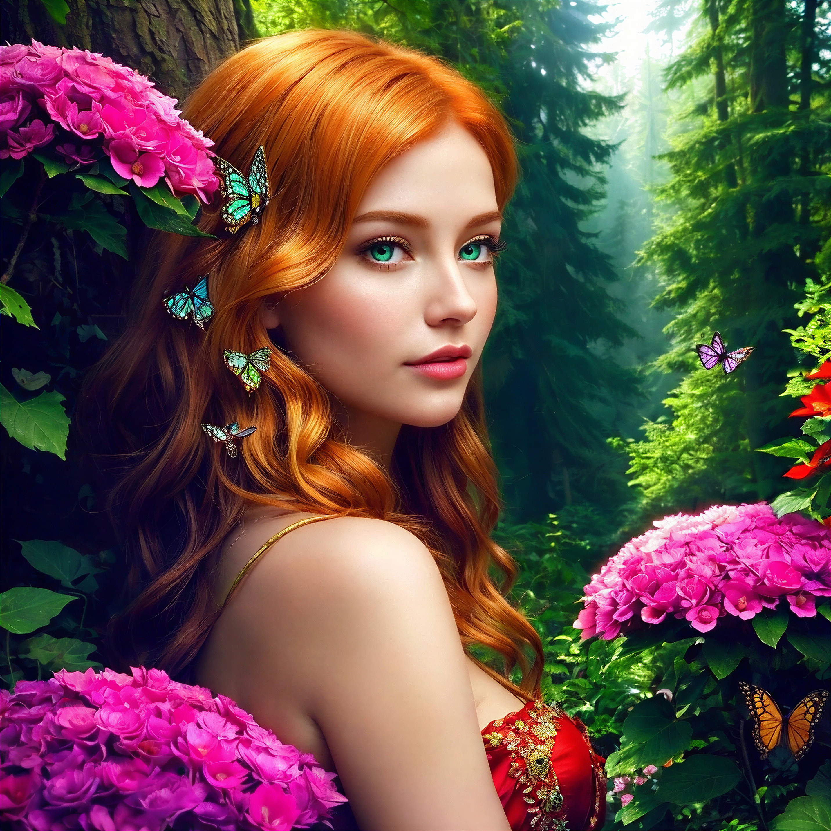 Young Woman in Vibrant Forest with Butterflies and Flowers