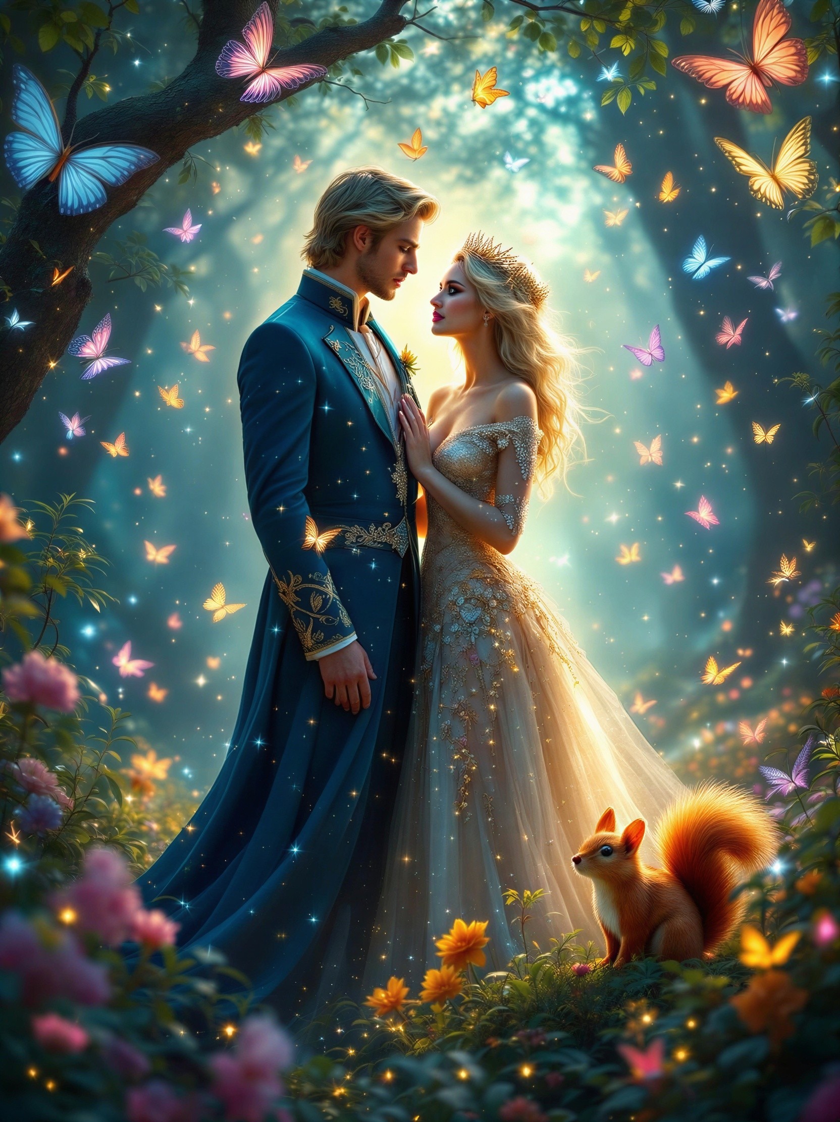 Magical Forest Scene with Prince, Princess, and Fox