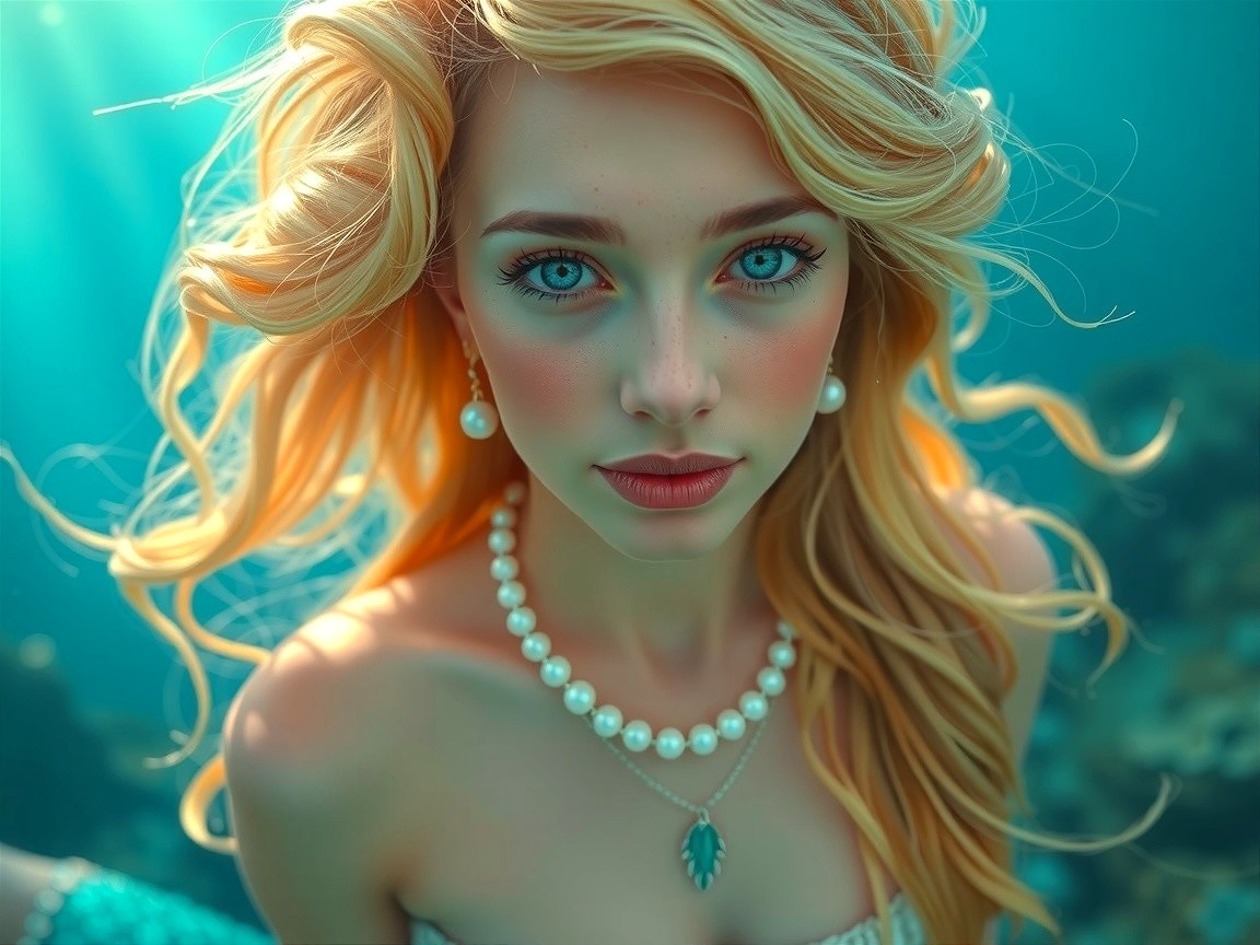 Young woman with blonde hair swimming underwater