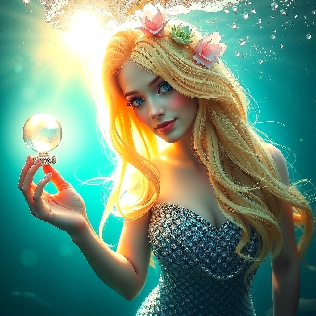 Underwater Scene with Radiant Woman and Crystal Orb