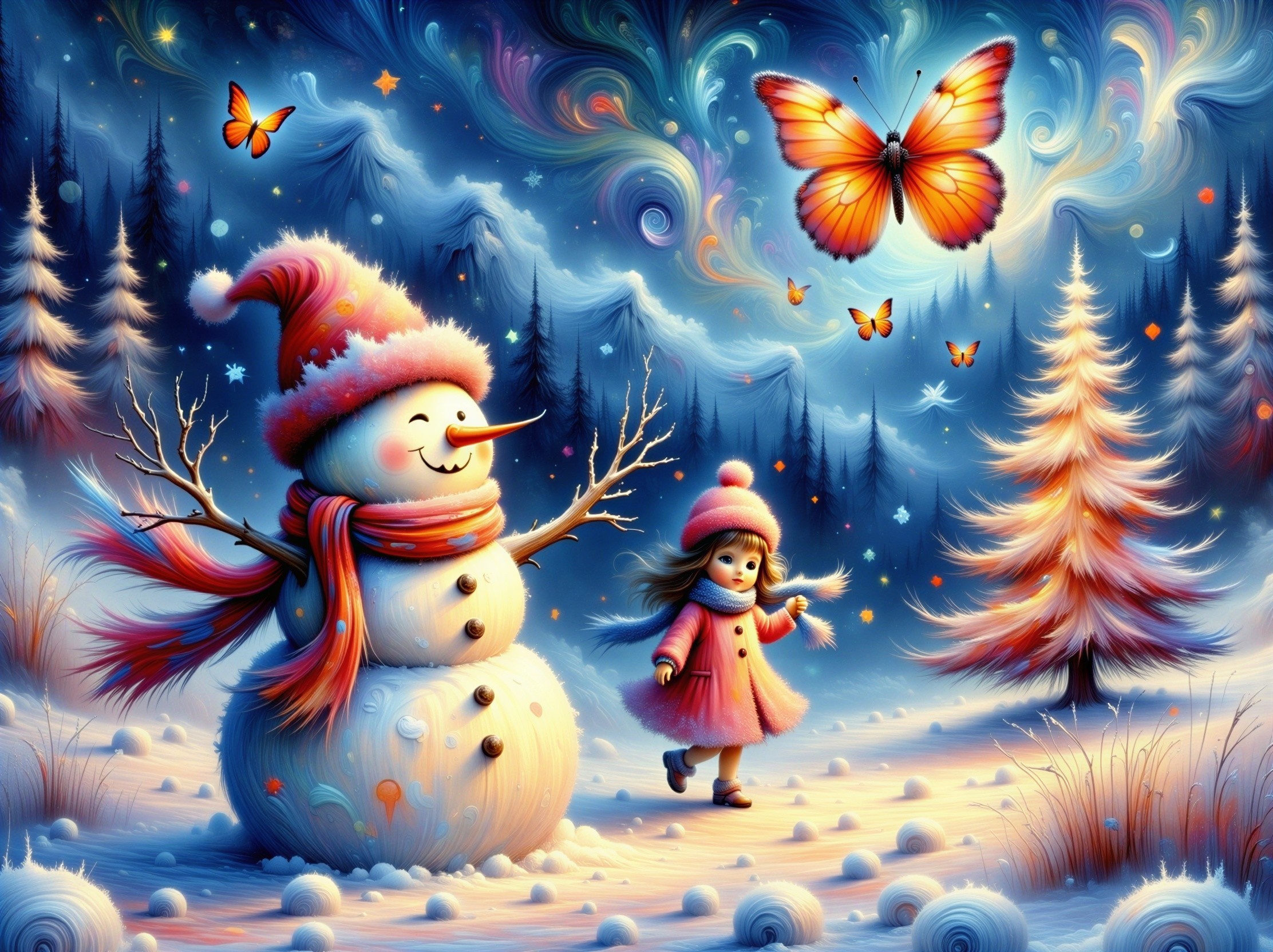 Cheerful snowman and girl in vibrant winter landscape