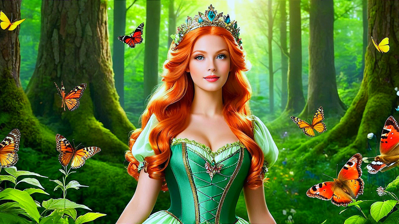 Regal princess in enchanted forest with butterflies