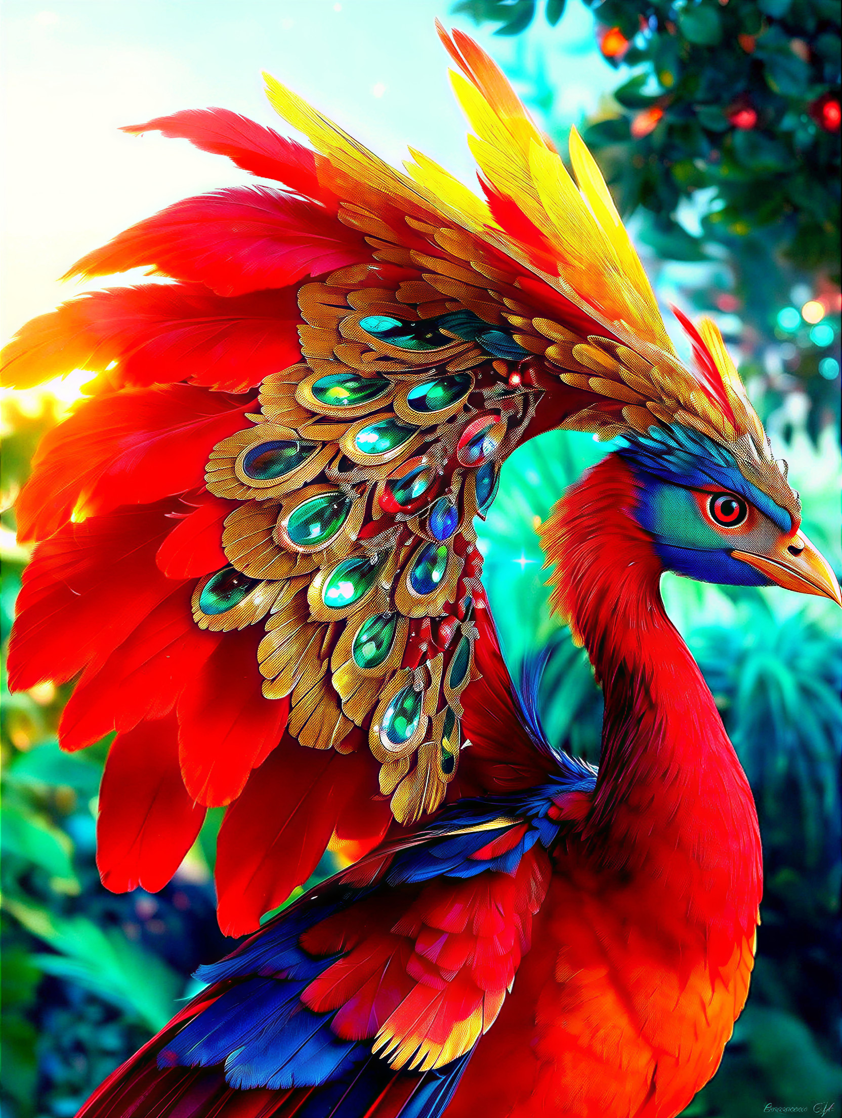 Colorful bird with red plumage and emerald feathers
