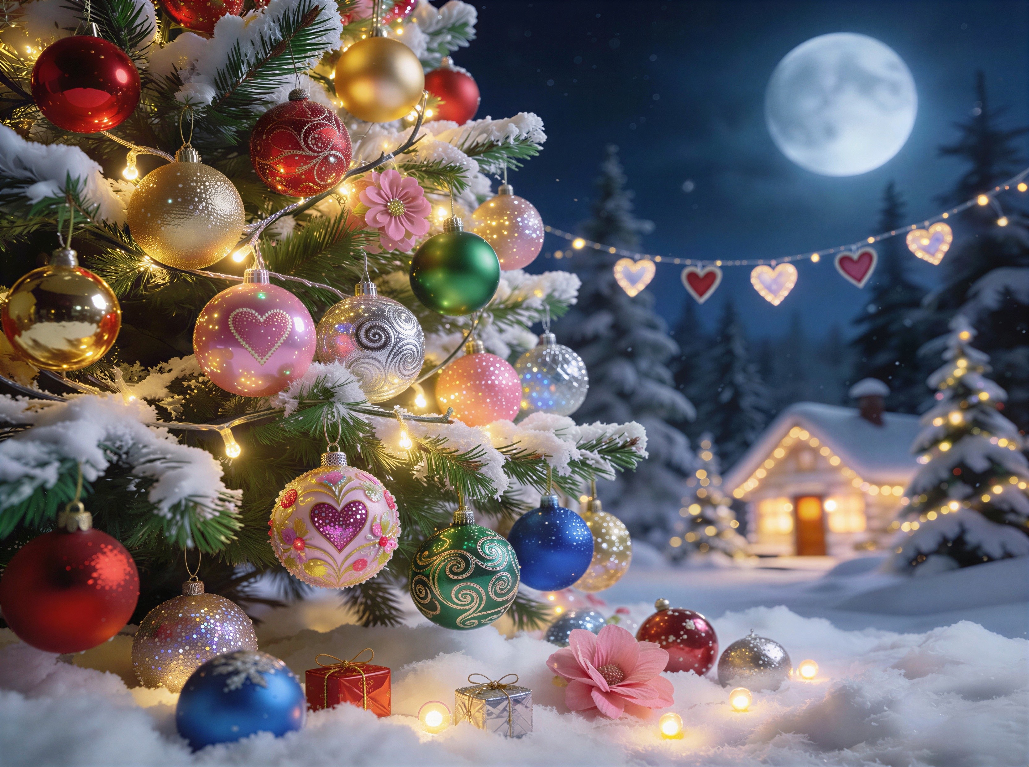 Christmas Tree with Ornaments and Snowy Cabin Scene