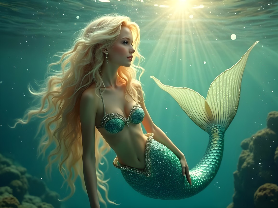 Mermaid Swimming in Serene Underwater Scene