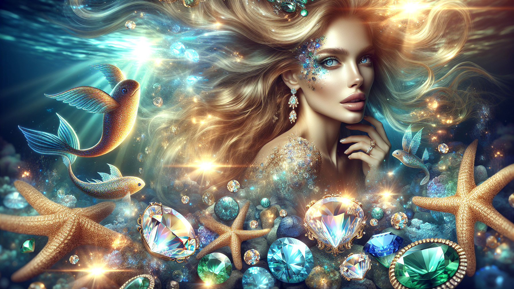 Underwater Scene with Woman and Colorful Marine Life