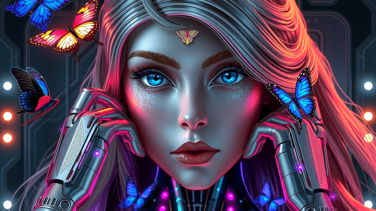 Futuristic female figure with robotic hands and butterflies