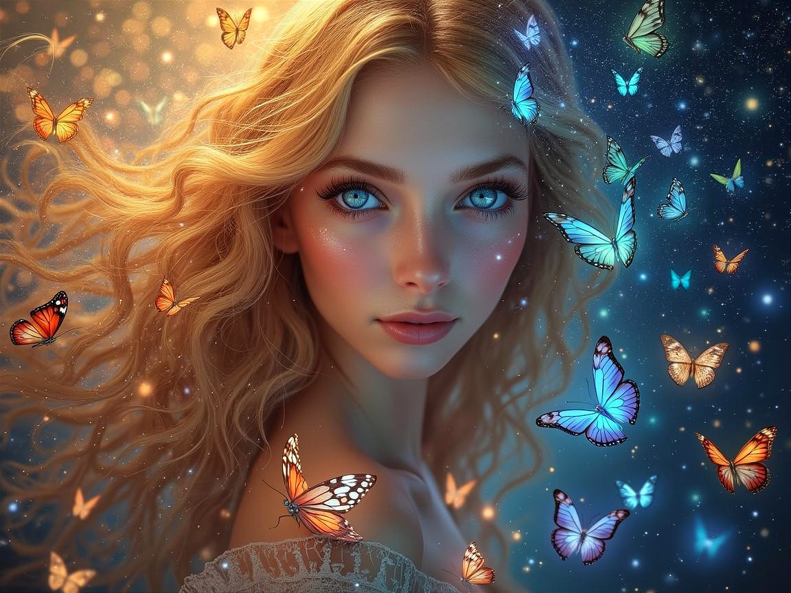 Portrait of a Young Woman with Butterflies and Lights