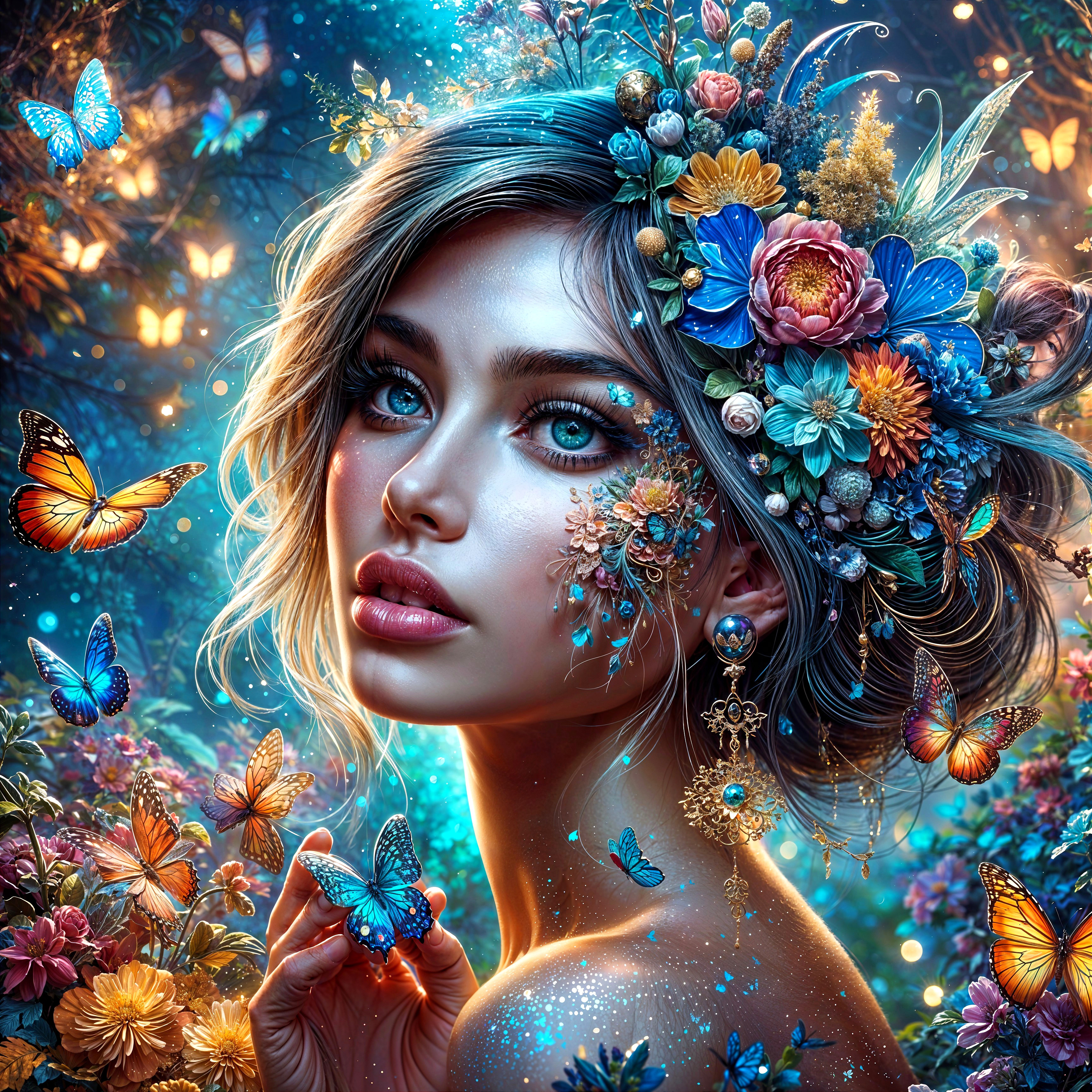 Dreamy Portrait of a Woman with Flowers and Butterflies