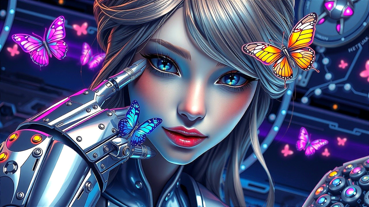 Futuristic Cybernetic Woman with Butterflies and Tech