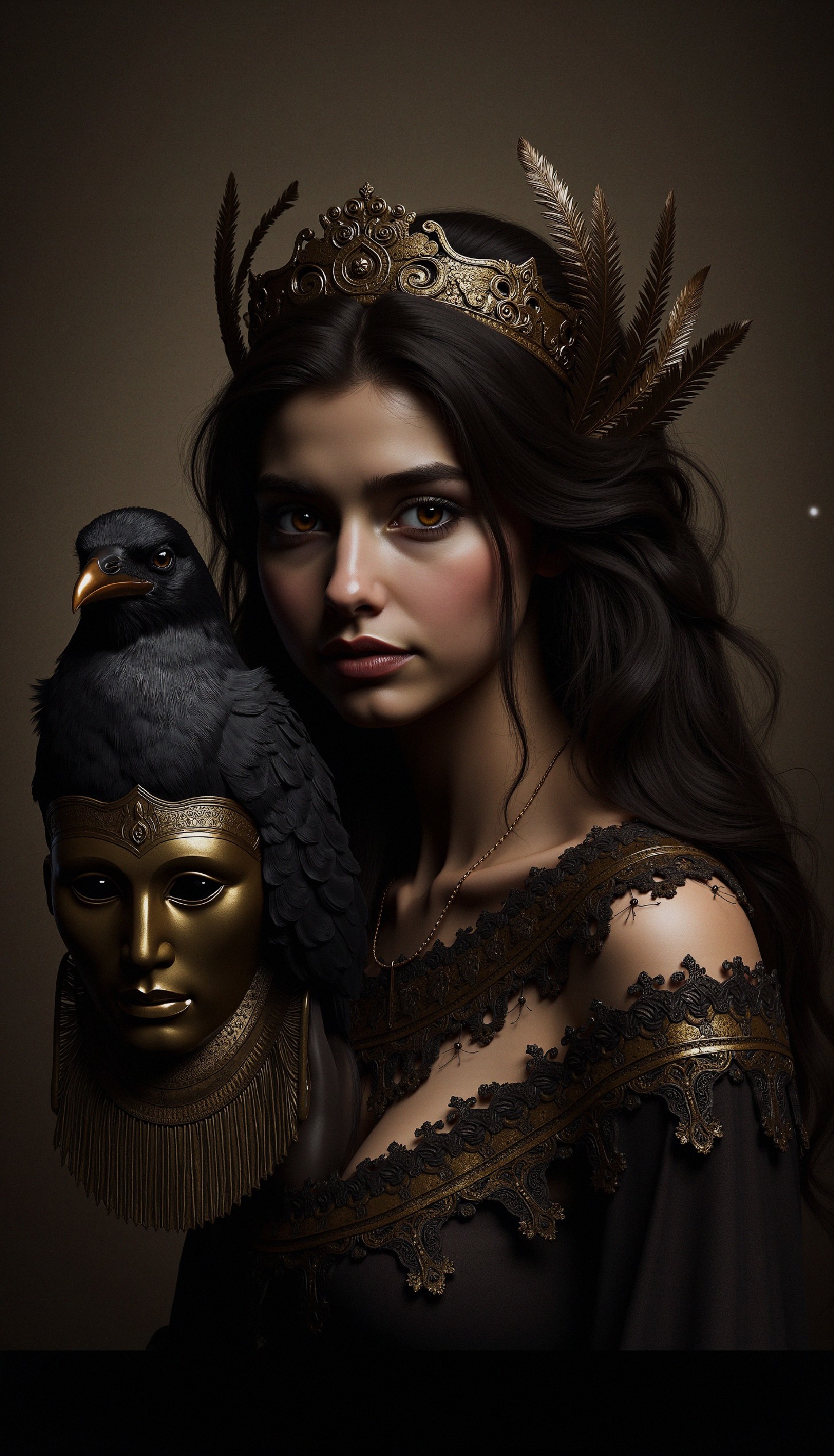 Regal figure in ornate dress with golden crown and mask