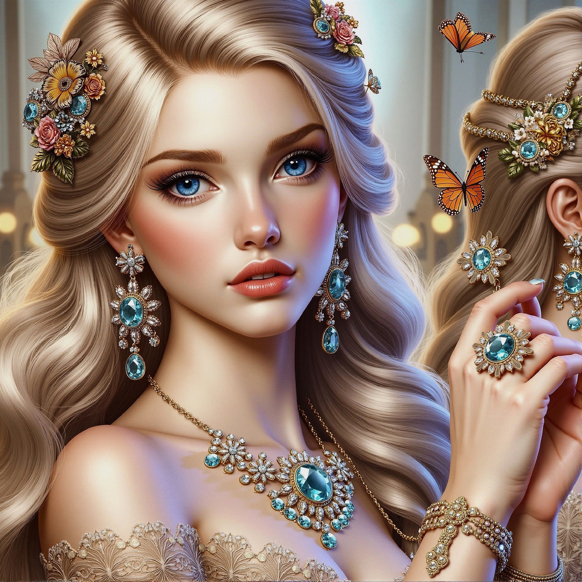 Young Woman with Blonde Hair and Floral Accessories