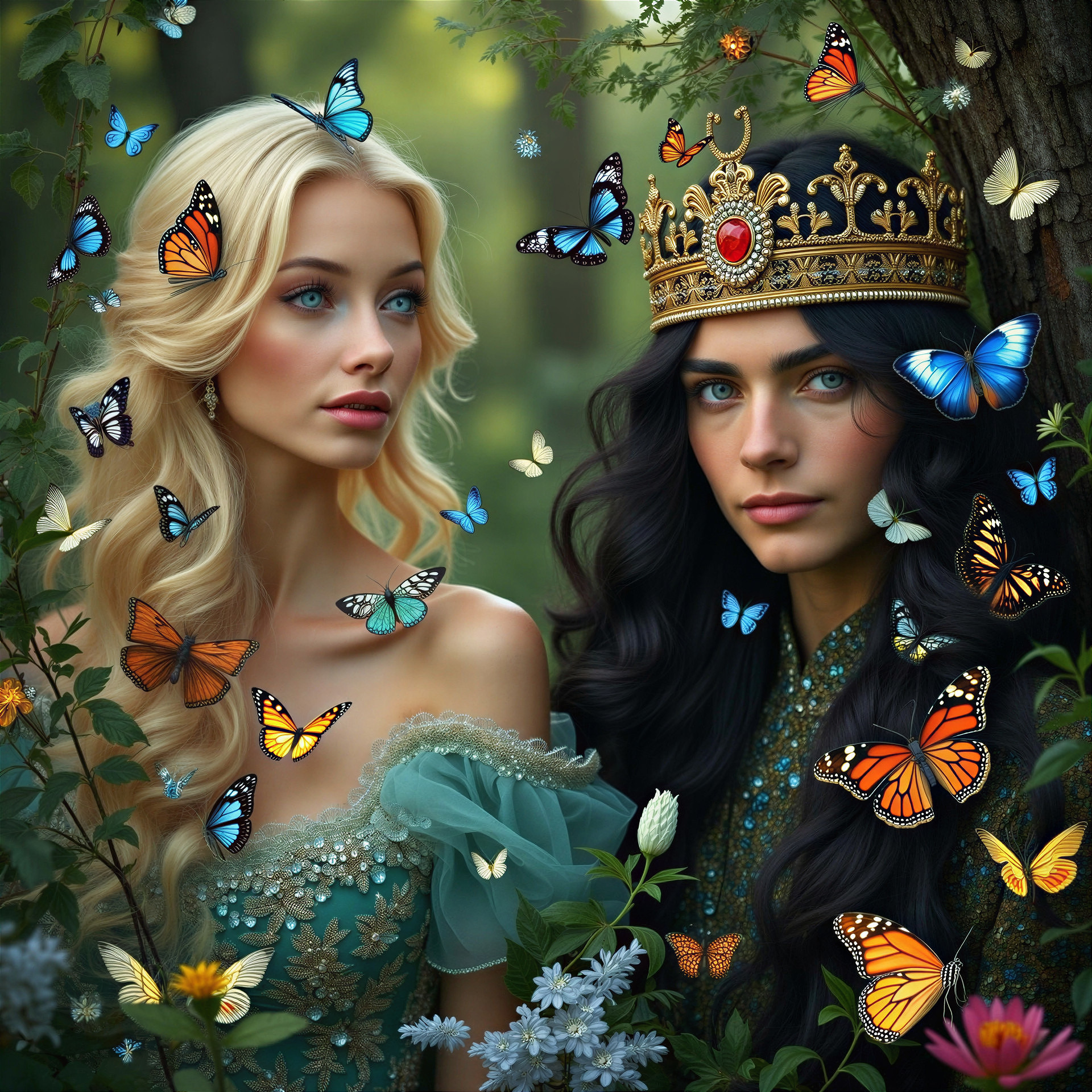 Princess and Prince in Enchanted Forest with Butterflies