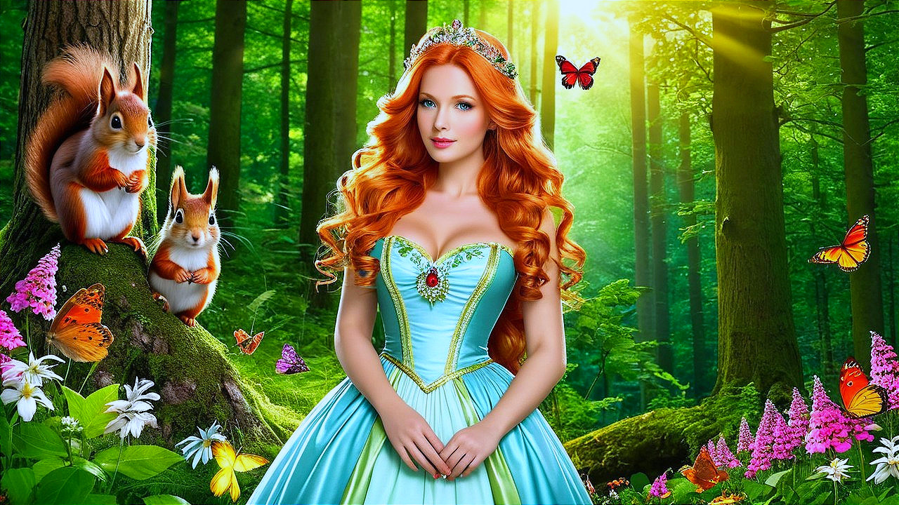Princess in Sparkling Blue Gown in Enchanted Forest