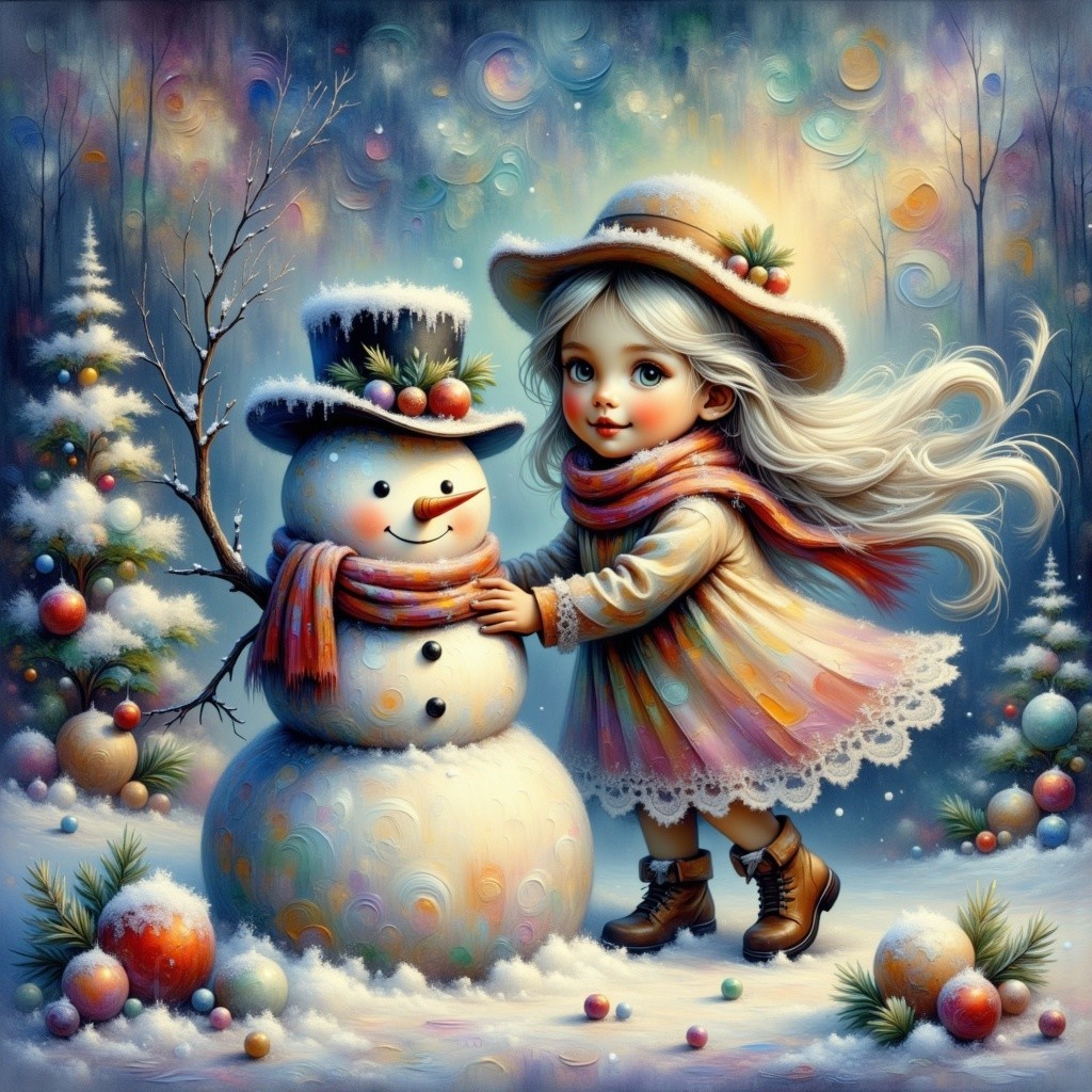 Whimsical Winter Scene with Girl and Cheerful Snowman