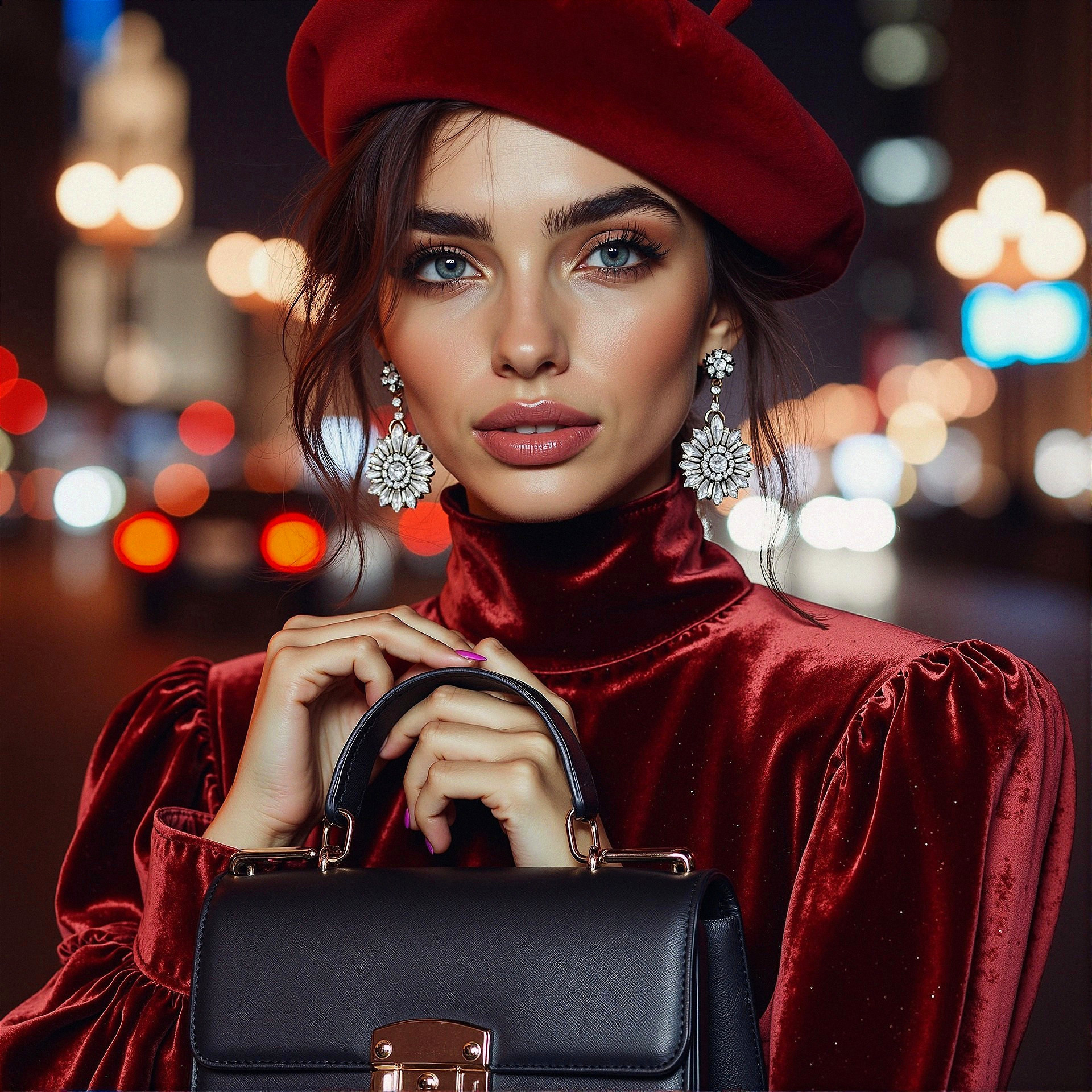 Glamorous Woman in Red Velvet Dress and Chic Accessories