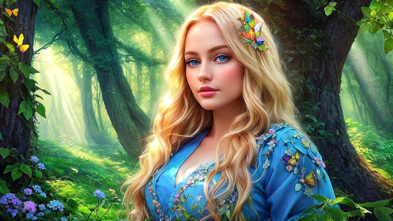 Young woman in blue dress amidst enchanting forest