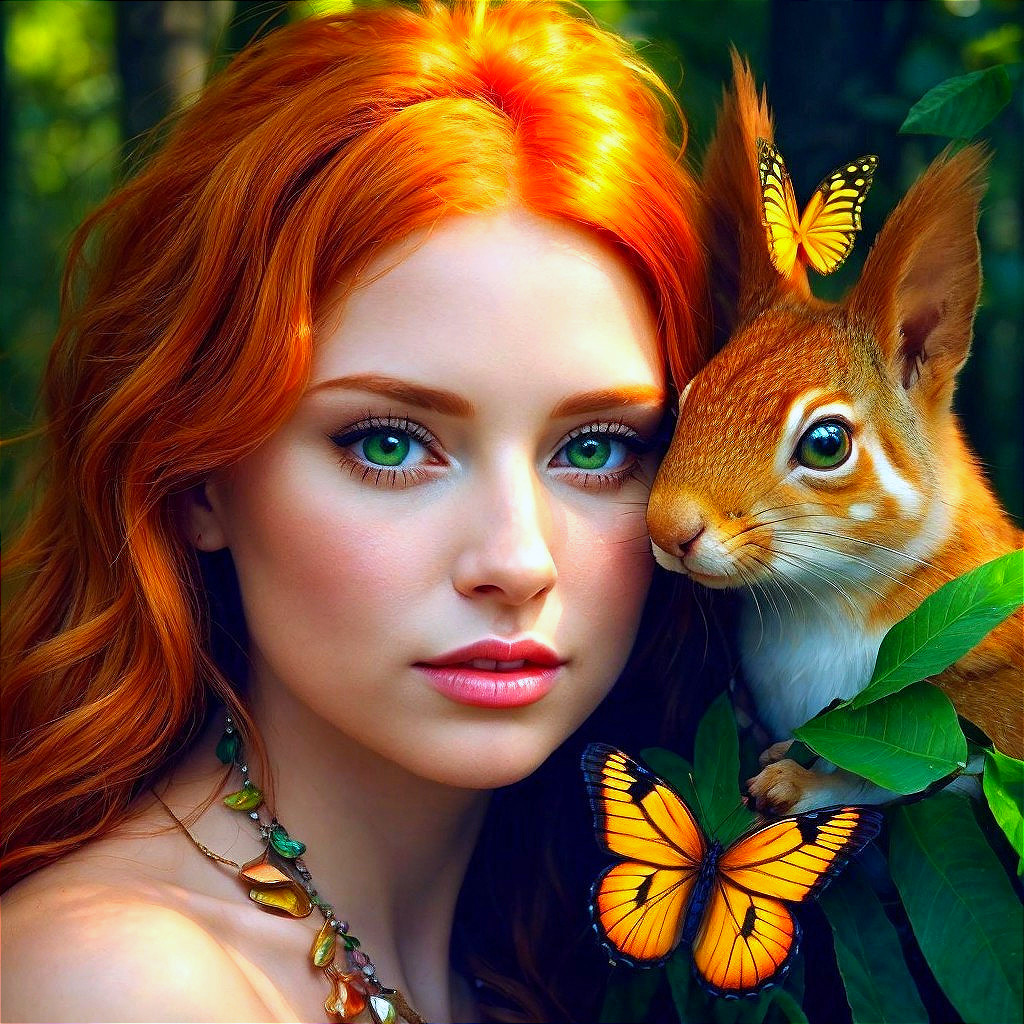 Young woman with red hair in a serene forest scene