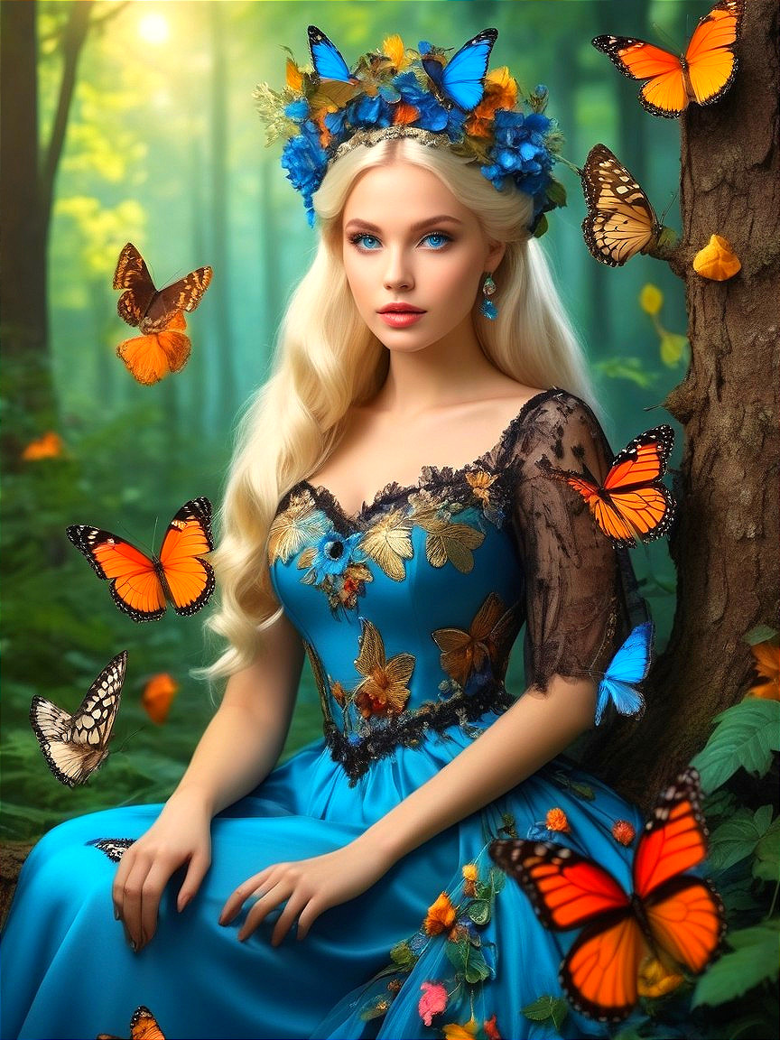 Young woman in blue gown with floral crown in forest